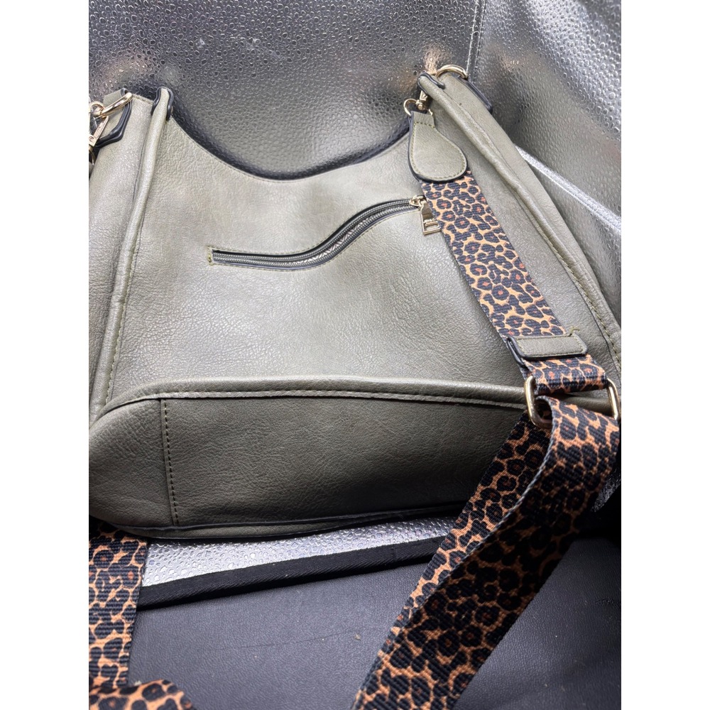 Jen & Co Olive Green Vegan Leather Hobo Bag Leopard Print Guitar Strap Shoulder